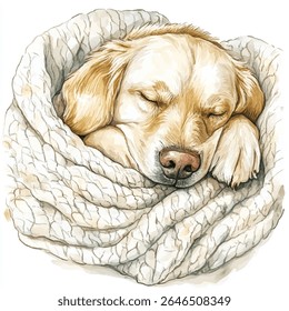 Uma aquarela pintada de um filhote de cachorro golden retriever dormindo bem, aninhado em um cobertor de malha branco, grosso e cremoso, com sua pata descansando perto de sua face.