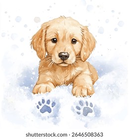 Pintura aquarela de um filhote de cachorro golden retriever, peito-profundo na neve, com impressões de pata azul visíveis no primeiro plano.