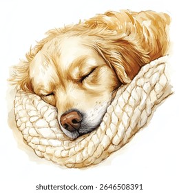 Uma aquarela pintando de um filhote de cachorro golden retriever dormindo bem, aninhado em um cobertor de malha macio, de cor creme. Os olhos do filhote estão fechados em sono tranquilo.