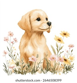 Watercolor painting of a golden retriever puppy sitting amongst pink and yellow flowers, with a soft, gentle expression.