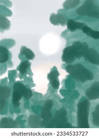 Watercolor painting of green forest from below,to be seen the sun. aesthetic for wallpaper, wall decor, templates covers, art prints, ect
