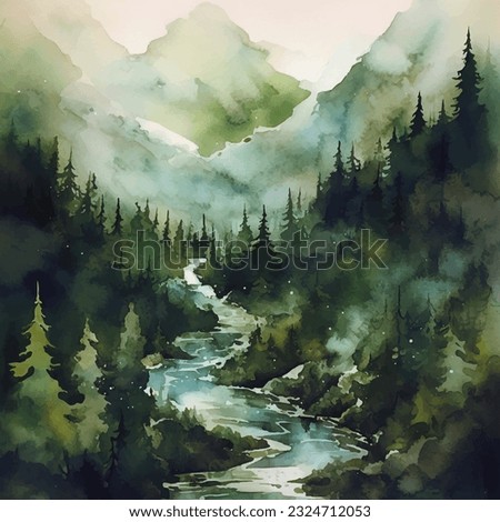 Watercolor painting of a green spring landscape trees Jungle Fall Lush rural Lovely view Eye-catching River in the forest Dirt road village sketch forest trees Summer