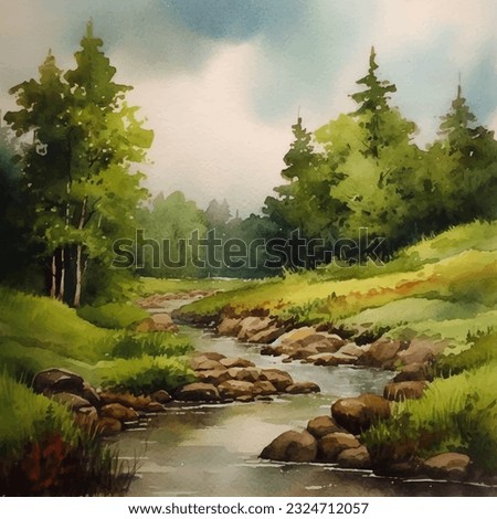 Watercolor painting of a green spring landscape trees Jungle Fall Lush rural Lovely view Eye-catching River in the forest Dirt road village sketch forest trees Summer