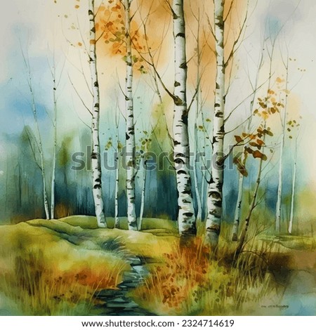 Watercolor painting of a green spring landscape trees Jungle Fall Lush rural Lovely view Eye-catching River in the forest Dirt road village sketch forest trees Summer Plantain fall