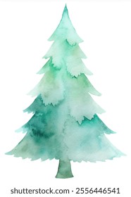 A watercolor painting of a green tree with a white background. The tree is the main focus of the painting and it is a Christmas tree. The painting has a serene and peaceful mood