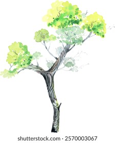 A watercolor painting of a green and yellow tree canopy