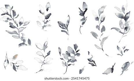 Watercolor painting. Hand painted plants and trees with watercolor touch. Monochrome grass and trees illustration with hotel-like image. 