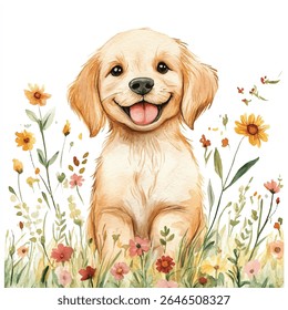 A watercolor painting of a happy golden retriever puppy sitting in a field of colorful flowers, with its tongue sticking out and a bright smile.