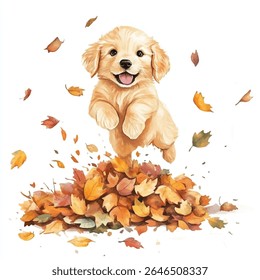 Pintura aquarela de um filhote de cachorro golden retriever feliz saltando de uma pilha de folhas de outono coloridas, com folhas espalhadas no ar.