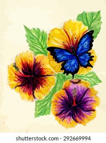 Watercolor painting of hibiscus flower, hand drawn illustration.