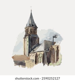 Watercolor painting of a historic church with a tall steeple. The church's architecture is detailed, showcasing its historic charm and artistic elegance. Vintage art painting vector.