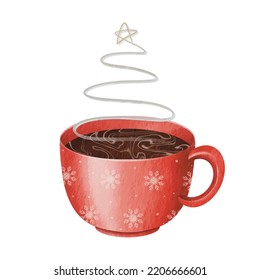Watercolor painting of hot chocolate or hot cocoa in a red cup. A delicious seasonal warm drink. Festive drink. Holiday card design. Merry christmas and winter concept