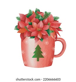 Watercolor painting of hot chocolate or hot cocoa in a red cup. Mug decorated with Christmas flowers. Watercolor botanical hand drawn illustration for postcards, souvenirs, creating invitation