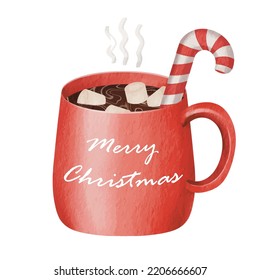 Watercolor painting of hot chocolate or hot cocoa in a red cup. Warm seasonal drinks with candy cane, marshmallows. Festive drink. Holiday card design. Merry christmas and winter concept