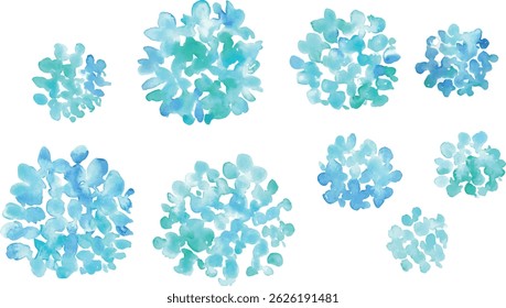 Pintura em aquarela. Ilustração vetorial de Hydrangea com toque de aquarela. Hidrângea estação chuvosa quadro de verão. Fundo desenhado à mão plantas e flores.