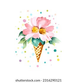 Watercolor painting ice cream waffle cone with pink flowers and colourful dots isolated on white