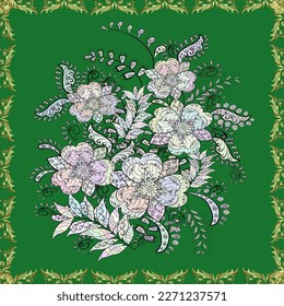 Watercolor painting imitation Vector illustration. Hand drawn abstract fancy elements. Summer blooming theme. Vintage flowers. Green, neutral and gray colors.