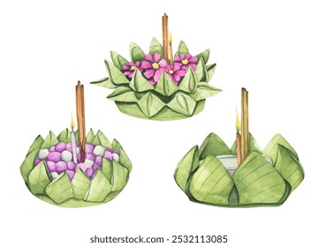 Pintura de acuarela de krathong de Loy krathong elemento de ilustración del festival.