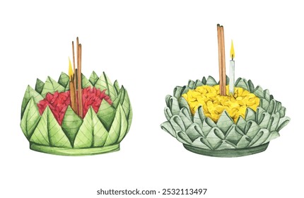 Pintura de acuarela de krathong de Loy krathong elemento de ilustración del festival.