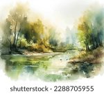 Watercolor painting, landscape of bright green grass, steppe, yellow flowers, plants, field, meadow against a bright blue sky. Watercolor ecological painting, logo. Environmental pollution.