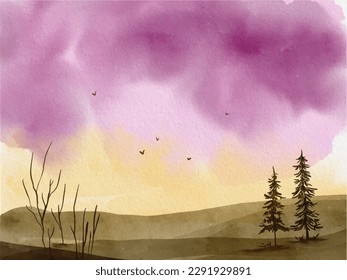A watercolor painting of a landscape with trees and a sky with clouds.