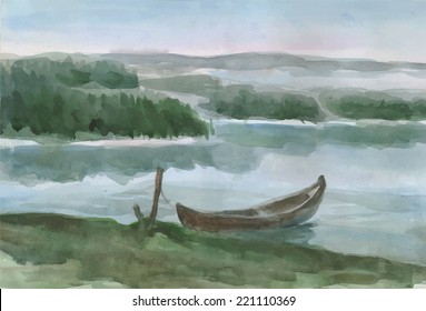 watercolor painting of a landscape with wooden boat on the river, covered with fog. Vector illustration