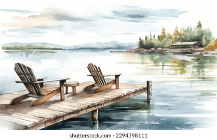 Watercolor painting landscape and wooden boat the river  covered and fog 