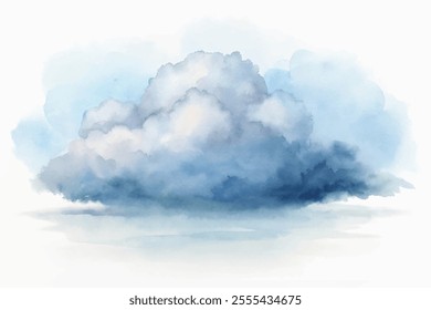 A watercolor painting of a large, fluffy cloud with a blue sky in the background. The painting evokes a sense of calm and tranquility, as the cloud seems to be floating peacefully above the water