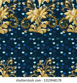 Watercolor painting of leaf and flowers, seamless pattern on brown, blue and yellow colors. Gentle, spring floral on brown, blue and yellow colors. Vector illustration.