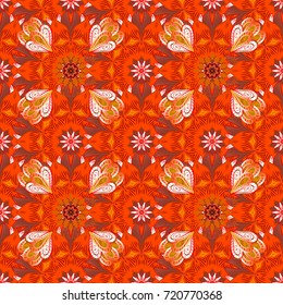 Watercolor painting of leaf and flowers, seamless pattern on orange, red and brown colors. Gentle, spring floral on orange, red and brown colors. Vector illustration.