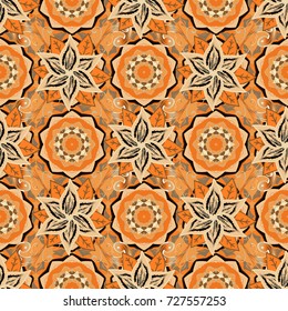 Watercolor painting of leaf and flowers, seamless pattern on orange, beige and brown colors. Gentle, spring floral on orange, beige and brown colors. Vector illustration.
