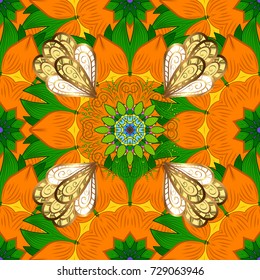 Watercolor painting of leaf and flowers, seamless pattern on orange, green and yellow colors. Gentle, spring floral on orange, green and yellow colors. Vector illustration.