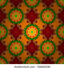 Watercolor painting of leaf and flowers, seamless pattern on orange, red and green colors. Gentle, spring floral on orange, red and green colors. Vector illustration.