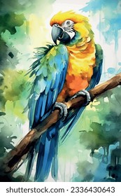 Pintura de acuarela como ilustración vectorial de un hermoso pájaro sentado en un banco de árboles