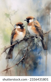 Watercolor painting like vector illustration of a two cute wild sparrows sitting on a tree branch