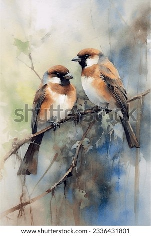 Watercolor painting like vector illustration of a two cute wild sparrows sitting on a tree branch