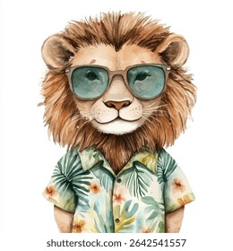 A watercolor painting of a lion wearing teal sunglasses and a vibrant tropical shirt. The lion's expression is calm and friendly.