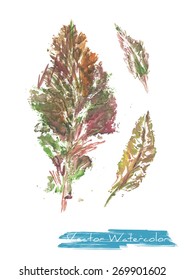 A watercolor painting made as monotype plus hand painting, looking like leaves or feathers