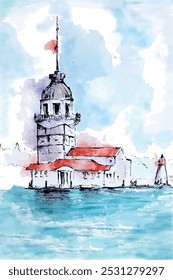 watercolor painting of Maiden's Tower. Istanbul patterns and more