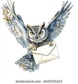 A watercolor painting of a majestic owl in flight, clutching a letter in its talons, wings fully extended.