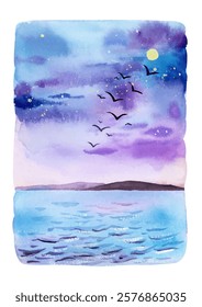 Watercolor painting of moonlit sea surface