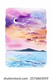 Watercolor painting of moonlit sea surface