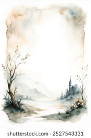 Uma pintura aquarela de uma paisagem de montanha com um castelo à distância. A pintura evoca uma sensação de tranquilidade e serenidade, com o castelo e montanhas criando uma atmosfera pacífica