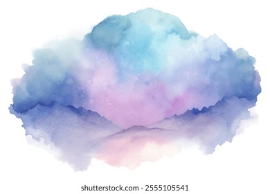 A watercolor painting of a mountain range with a blue sky and purple clouds. The painting has a serene and peaceful mood, with the mountains and sky blending together to create a harmonious