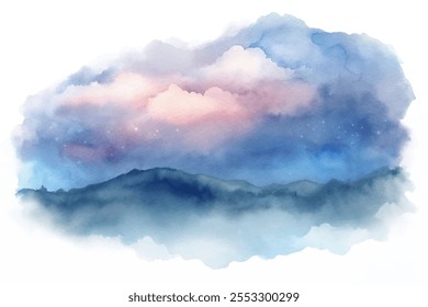 Uma pintura em aquarela de uma cordilheira com um céu nublado. O céu é uma mistura de azul e rosa, dando à pintura um humor sereno e pacífico. As montanhas são representadas em vários tons de azul