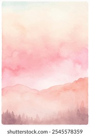 A watercolor painting of a mountain range with a pink sky. The mountains are covered in trees and the sky is a soft pink color. The painting evokes a sense of tranquility and peace