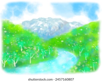 Watercolor painting of Mt. Tanigawa in fresh greenery illustration.
The sky is divided into layers