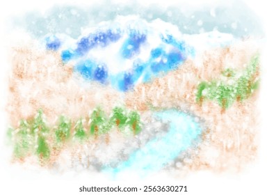 Watercolor painting of Mt. Tanigawa in Winter hand drawing vector illustration