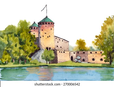 Watercolor painting of Olavinlinna fortress (Medieval castle) in Savonlinna center, Finland. Vector illustration.