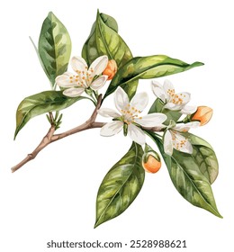 Pintura aquarela de flor de laranja, isolado em um fundo branco, vetor de flor de laranja